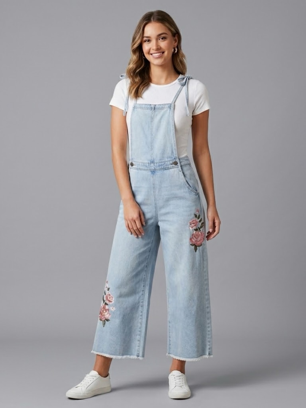 Free People x Driftwood Raphy Overalls Size M Embroidered Wide Leg Light Wash